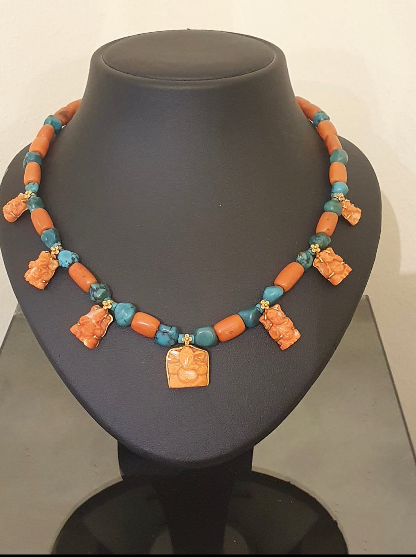 Collier du Tibet corail et turquoise sur or 18cts