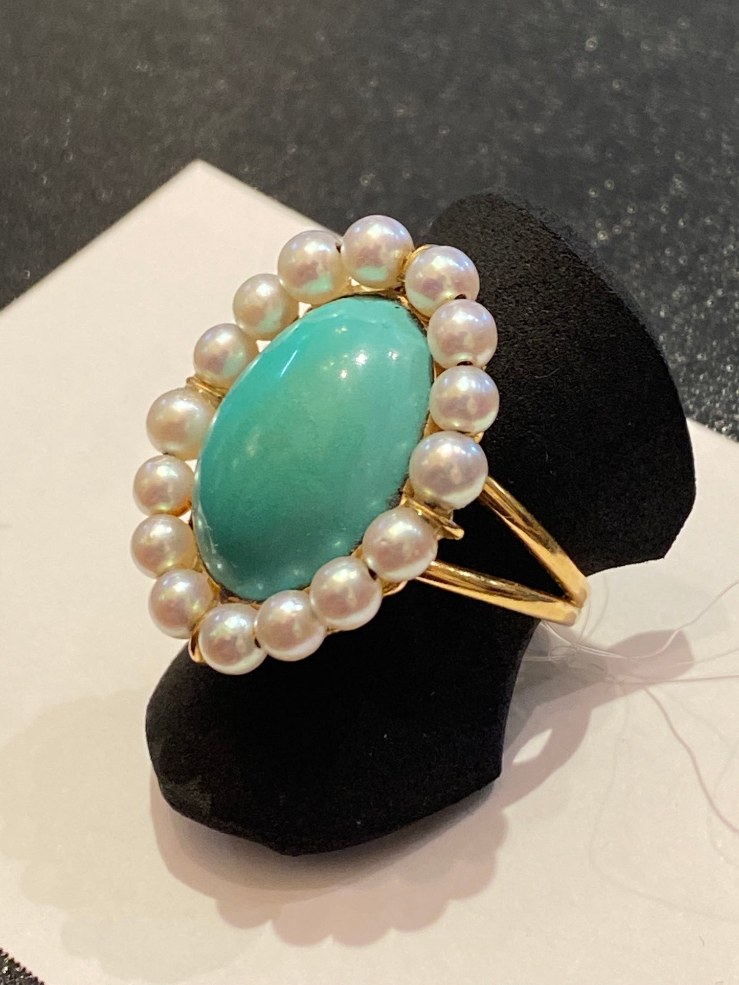 Bague ancienne turquoise perles de culture sur or 18 carats