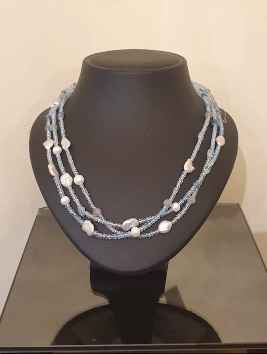 Collier 3 rangs aigue-marine et perles baroques