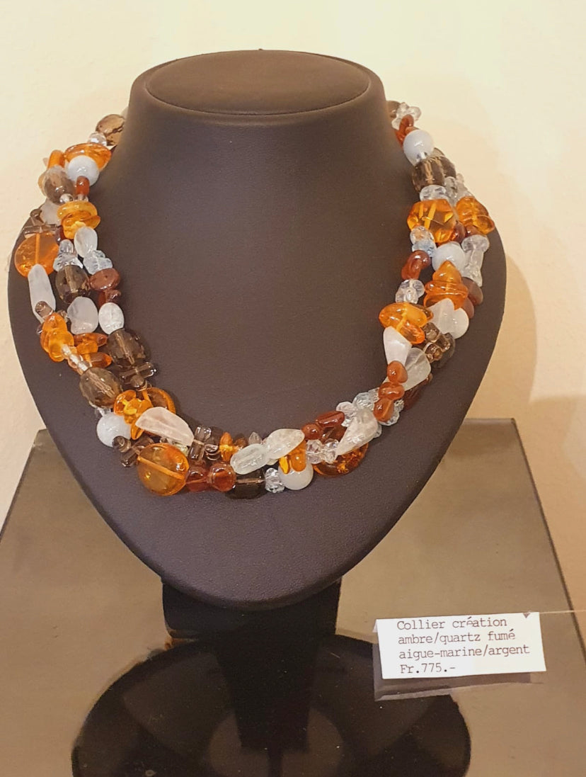 Collier création ambre, quartz fumé, aigue-marine et argent