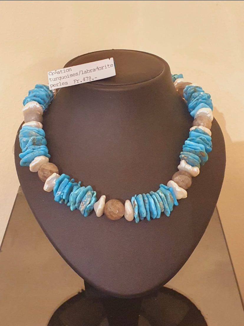 Collier création turquoises, labradorite et perles