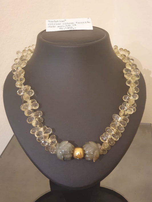 Collier création citrine citron facettée, jade ancien sur or 18 carats
