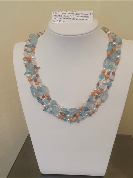 Collier 3 rangs apatite, tourmaline, corail, quartz rose, aigue-marine, perles d'eau douce et argent
