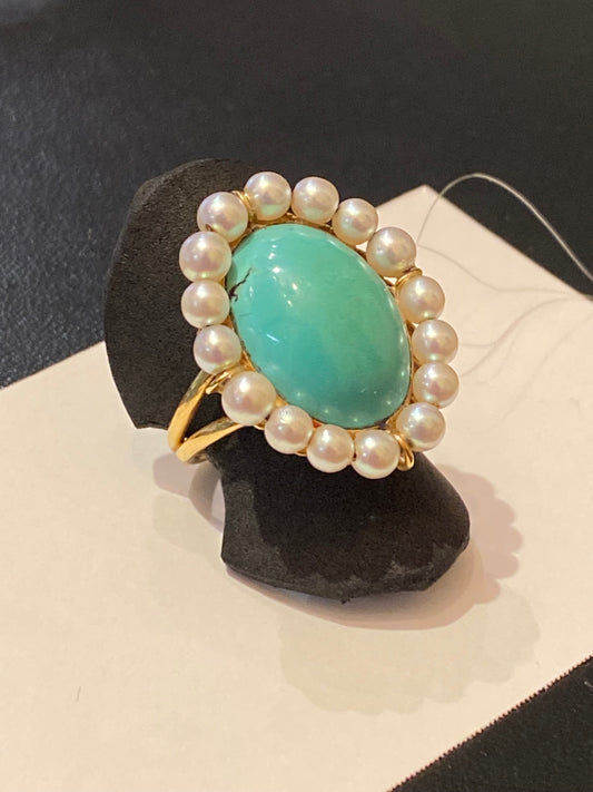 Bague ancienne turquoise perles de culture sur or 18 carats