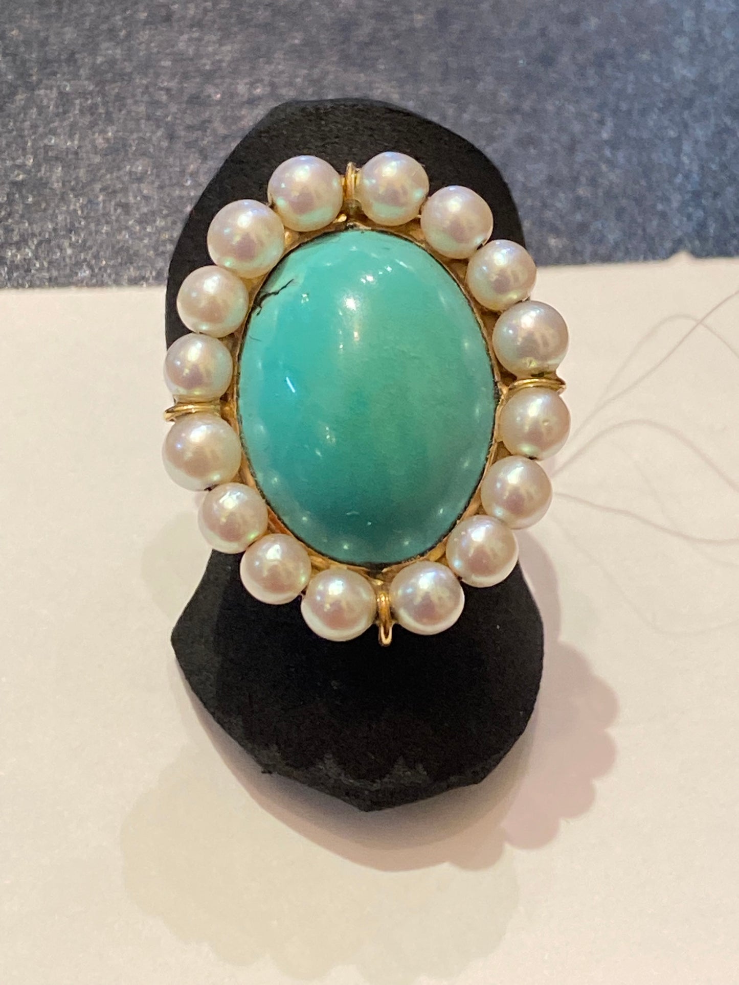 Bague ancienne turquoise perles de culture sur or 18 carats