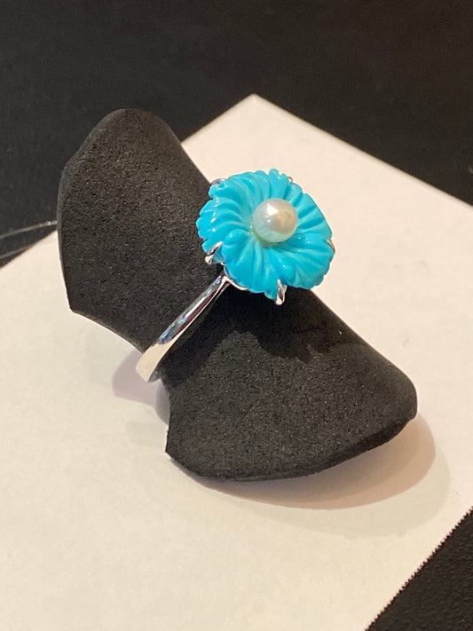 Bague turquoise et perle sur or 18 carats