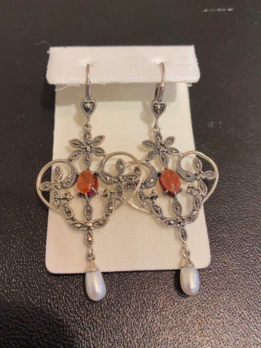 Boucles d’oreilles grenats sur argent marcassite