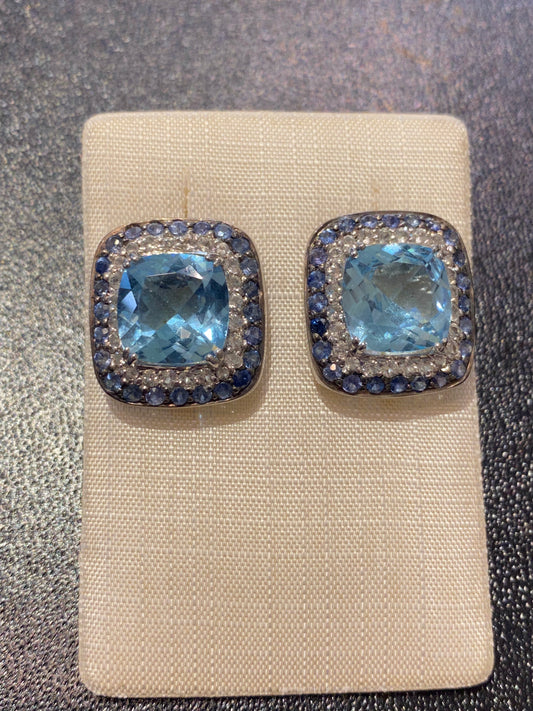 Boucles d’oreilles topazes bleues et blanches et saphirs bleus sur argent