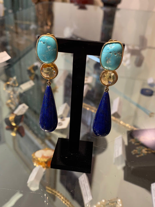 Boucles d’oreilles lapis-lazuli, citrine et turquoise sur argent doré
