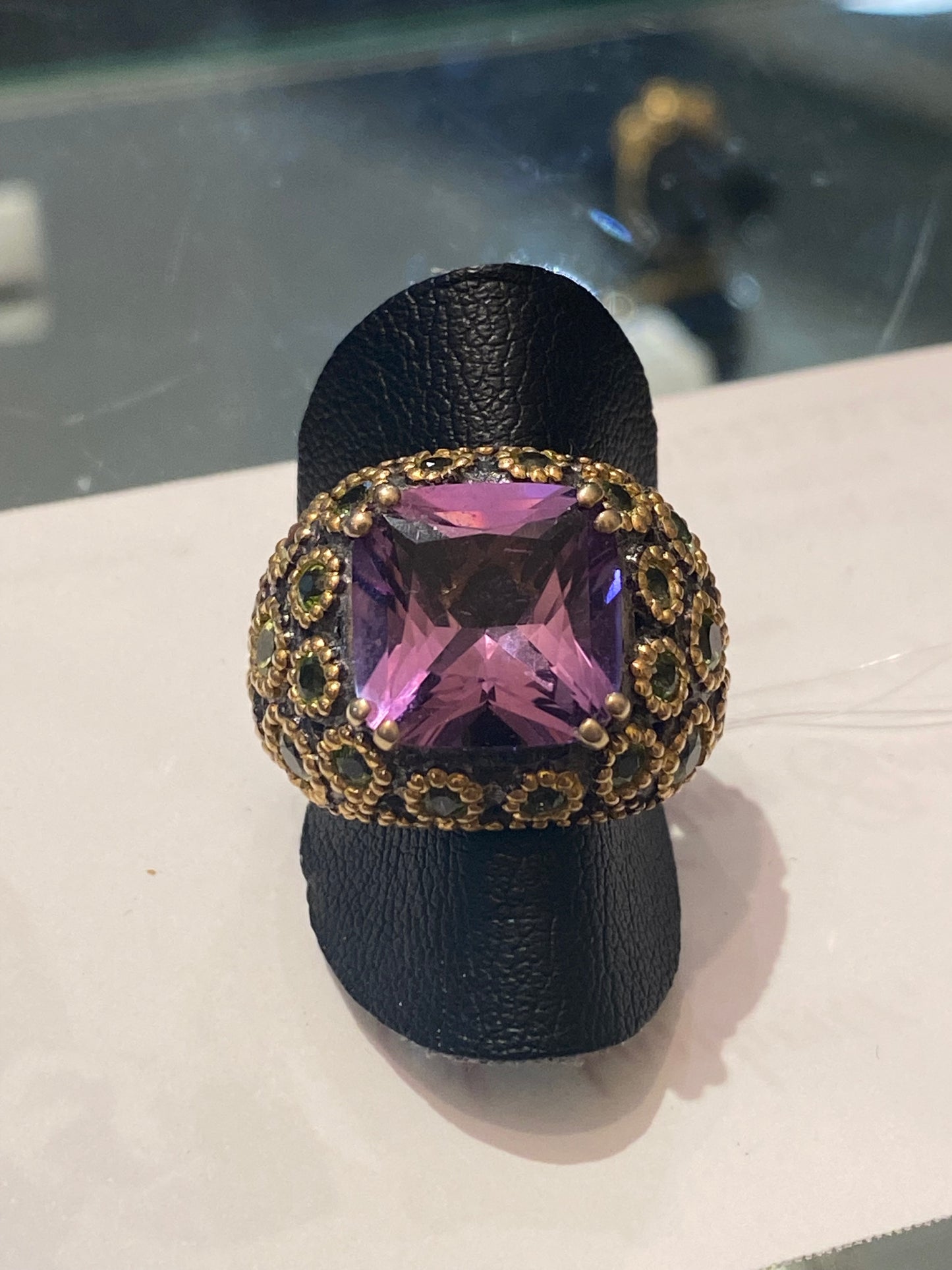 Bague création améthyste péridots argent